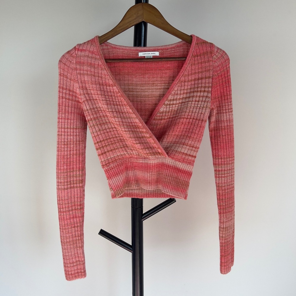 American Eagle Cropped Sweater XS Pink Space Dye Ribbed Wrap Front Long Sleeve